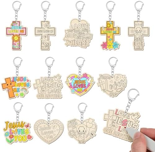 Trnayi 36 Pcs Wood Jesus Loves Me Keychain Color Your Own DIY Craft by Trnayi