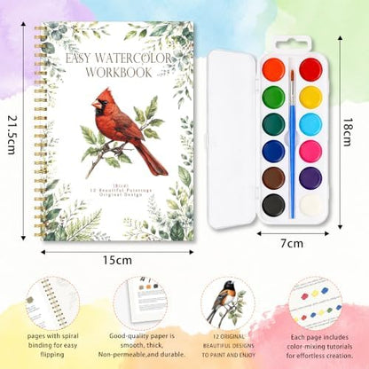 North American Bird Watercolor Workbook for Beginner, Watercolor Painting Book with 12 Different Pretty Bird Designs Include Cardinal Robin Song Birds, Water Coloring Book Set with Palette and Brush - Image 2