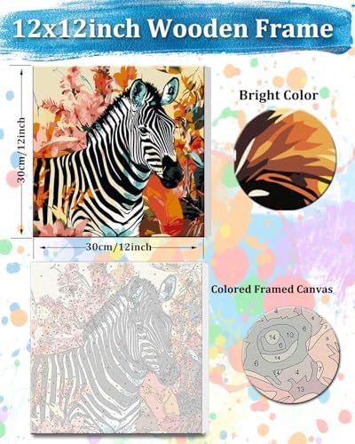 TOCARE Framed Paint by Numbers Kit for Adults & Kids Ages 8-12, 12x12Inch Jungle Zebra Paint by Numbers with Frame, Wildlife Paint by Number Framed Canvas for Animal Lovers (Without Easel) - Image 2