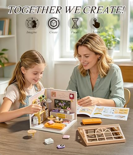 Modern Living Room DIY Miniature House Kit with Roof & LED Light, Stackable & Connectable Dollhouse Kit with Dustproof Door, Creative DIY Crafts Building Toy Gift for Adults Teens - Image 6