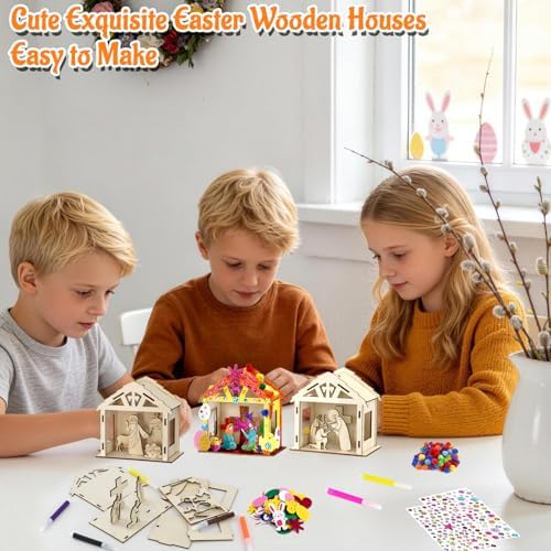 8Pcs Christian Easter Crafts Wooden House for Boy Girl & Adult, Religious Easter Activities DIY Kit with Jesus He Is Risen Egg Bunny, Spring Bible Art Gift for Basket Stuffers Party Favors Decor Bulk - Image 4