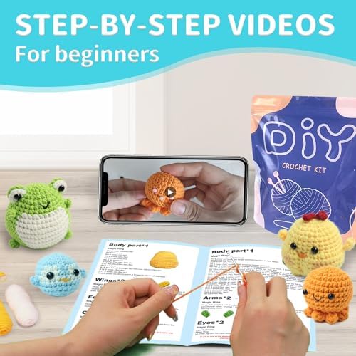 YAMAXIN Crochet Kit for Beginners Adults – 4PCS Animal Amigurumi Crochet Starter Kit with Yarn, Hooks, Tools, and Video Tutorials – DIY Knitting Craft Kit (Chick, Frog, Penguin, Octopus) - Image 6