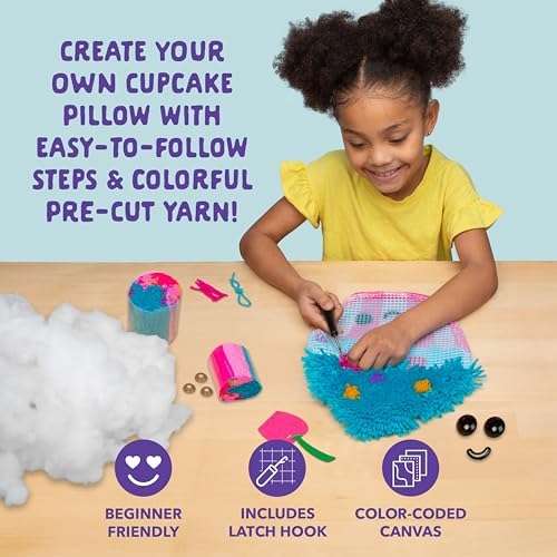 LatchKits Cupcake Pillow - Latch Hook Kits for Kids, Arts and Crafts, Yarn Art, Kids Crafts, Toys for Girls, Birthday Gift for Girls, Easy to Follow Pattern, Hook Included, Craft Kits, Ages 6+ - Image 2