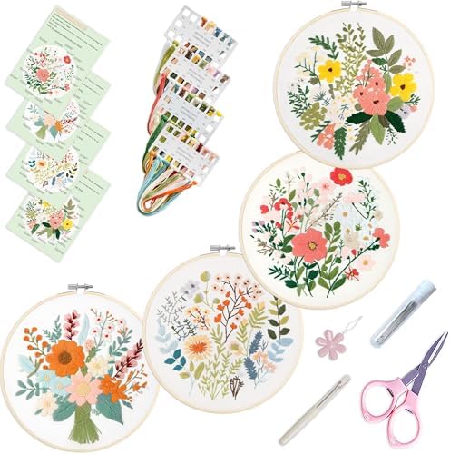 SevFan 4 Sets Embroidery Kit for Beginners Adults,Needlepoint Kits for Adults with Easy Stamped Floral Pattern Fabric Hand Crafts,Bamboo Hoop,Needle,Cloth,Embroidery Kit for Decor Home Room(Flower-8) by Sevfan