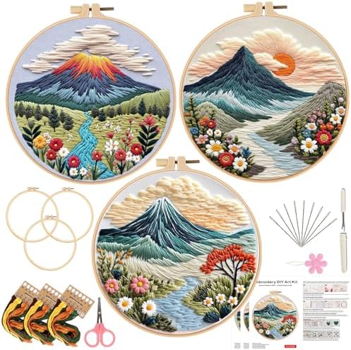 Embroidery Kit for Adults, Pre-Stamped Pattern Embroidery Kit for Beginners, DIY Hand Needlepoint Starter Kit with Hoop Thread Needle Instruction, 6.3'' Hoop (Nature Landscape 3 Packs) by Unknown