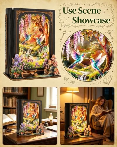 3D Puzzles for Adults-Forest Dreamscape, DIY Book Nook Kit with LED Nightlight, 3D Wooden Puzzles Hummingbird Forest Storybook Puzzle, Home Decor Gift for Adults Book Lovers - Image 6