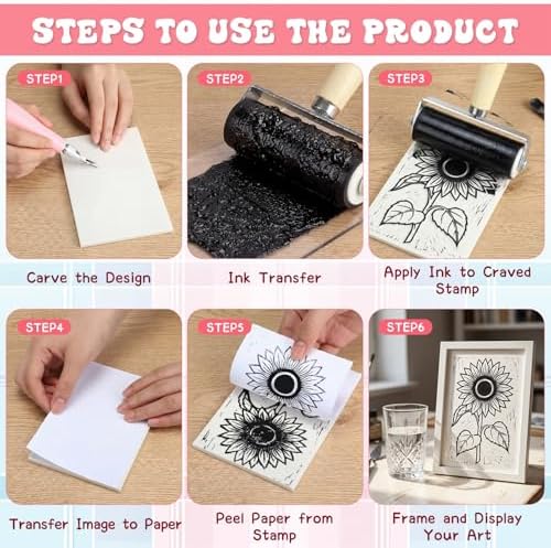 Qeeenar 17 Pcs Linocut Blocks for Printmaking, Stamp Making Carving Linocut Kit for DIY Gift, Rubber Stamp Carving Screen Printing Kit with 6 Colors Block Printing Ink, Rubber Block, Brayer - Image 5