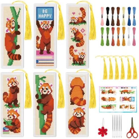 INFUNLY Red Panda Cross Stitch Bookmark Set Reading Pandas Stamped Embroidery Bookmark Kit Sleeping Red Panda Needlepoint Bookmarks Kit DIY Embroidery Bookmarks for Book Lovers Craft Gift by INFUNLY