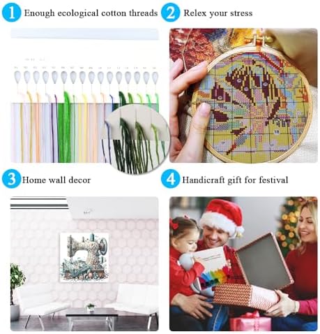 Sewing Machine Stamped Cross Stitch Kits - Vintage Sewing Machine Counted Cross Stitch Kits for Adults, Needlepoint Cross-Stitch Patterns Dimensions Needlecrafts Embroidery Kits 13.7x13.7 Inches - Image 5