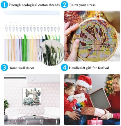 Sewing Machine Stamped Cross Stitch Kits - Vintage Sewing Machine Counted Cross Stitch Kits for Adults, Needlepoint Cross-Stitch Patterns Dimensions Needlecrafts Embroidery Kits 13.7x13.7 Inches - Image 5