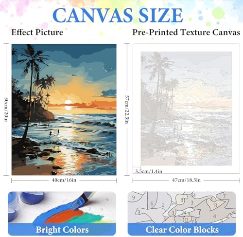 PRASIO Paint by Numbers Kit for Adults Beginner, Beach Paint by Number, DIY Acrylic Adult Paint by Number Kits on Canvas for Home Decor Gift 16x20 Inch - Image 3