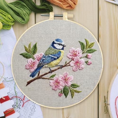 FRANDEK DIY Peach Blossom Bird Stamped Embroidery Kit with Hoop for Adults - Image 3