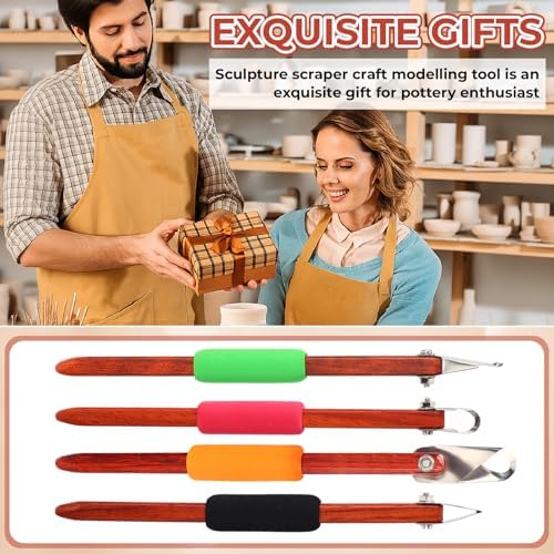 Lanties 4 Pcs Pottery Carving Tool Set Sculpture Scraper Craft Modelling Tools Red Pear Wood Texture Handle with Stainless Steel Blade for Clay Carving, Ceramic Sculpting, Graffito (Novel Color) - Image 6