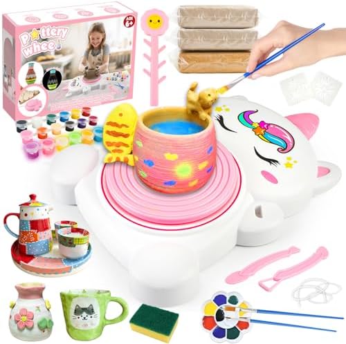 Pottery Wheel Kit for Kids with Glow Paints, Complete Pottery Arts Crafts Toys for Girls 8-12, Art Supplies for Kids 6 7 8 9 10 11 12 Toys Girls Birthday with Drawing Molds Tablecloth Air Dry Clay by Rhybor