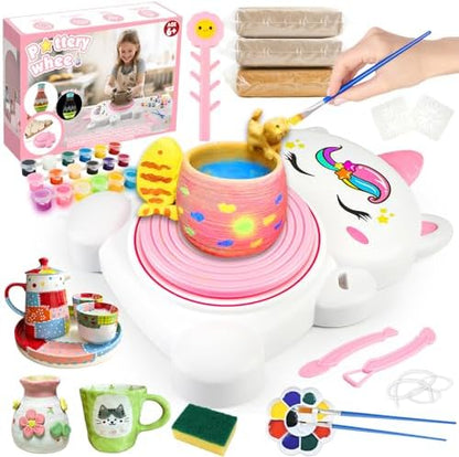 Pottery Wheel Kit for Kids with Glow Paints, Complete Pottery Arts Crafts Toys for Girls 8-12, Art Supplies for Kids 6 7 8 9 10 11 12 Toys Girls Birthday with Drawing Molds Tablecloth Air Dry Clay by Rhybor