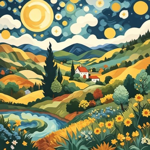 Starry Night Landscape Stamped Cross Stitch Kits for Beginner 13.7x13.7Inch by Mosaflare