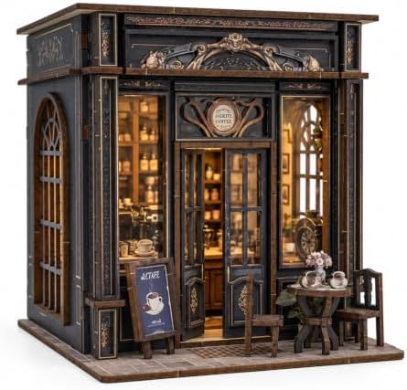 Book Nook Kit Coffee Shop with LED Light, DIY Miniature House Kit by Evervalora
