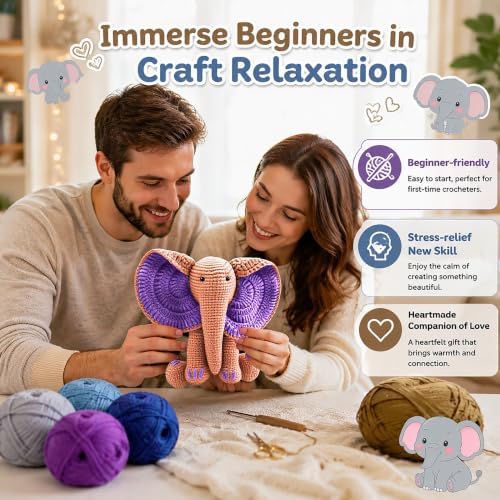 JYZJDKE Crochet Kit for Beginners Adults - DIY Amigurumi Elephant Knitting Starter Kit with Yarn Sets, Crochet Animal Kit Cute Stuffed Animal Craft Birthday Gifts (Dark Green+Flesh Pink Elephant) - Image 2