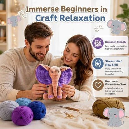 JYZJDKE Crochet Kit for Beginners Adults - DIY Amigurumi Elephant Knitting Starter Kit with Yarn Sets, Crochet Animal Kit Cute Stuffed Animal Craft Birthday Gifts (Dark Green+Flesh Pink Elephant) - Image 2