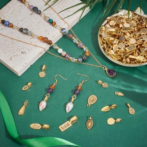 PH PandaHall 220pcs 12 Styles Golden Jewellery Bails Glue on Bails Pendant Bail Alloy Flat Pad Bail Tibetan Style Pendant Connectors for Earrings Necklace Jewellery Making 8~26mm - Image 2