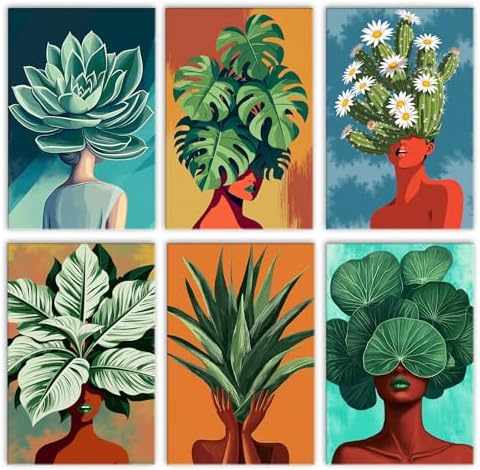 6 Pack Paint by Numbers Kit for Adults, Abstract Plant Woman Adults' Paint-by-Number Kits for Beginner Acrylic On Canvas Green Plant DIY Oil Painting Kit for Gift Home Decor 8x12 Inch (Frameless) by Tucocoo