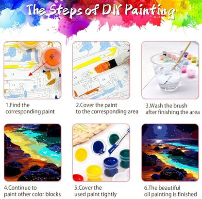 Yunnuo Paint by Numbers Kit for Adults, Seaside Night Scene Adult Paint by Number Kits on Canvas, DIY Beach Number Painting for Wall Decoration Festival Gifts 16"x20"(Glowing Sea Water& Moon) - Image 6