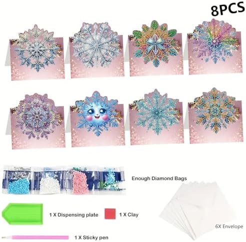 jinglinhh 8pcs Diamond Art Painting Winter Snowflake Greeting Cards with Envelopes, DIY Card Making Kits for Adults, Diamond Art Postcards Christmas Cards Craft Gifts - Image 3