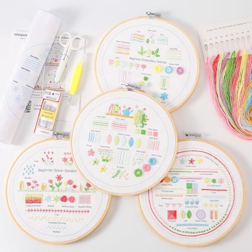 VIVIDOX 4 Sets Embroidery Kit for Beginners Adults, 35 Stitches Practice Kits Cross Stitch for Starter, DIY Hand Craft with Stamped Pattern, Bamboo Hoop, Threads, Needles, Scissors, Tools, Instruction by VIVIDOX