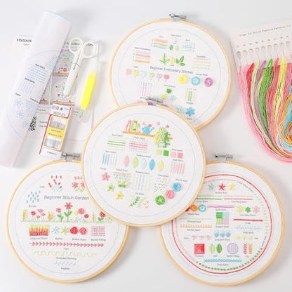 VIVIDOX 4 Sets Embroidery Kit for Beginners Adults, 35 Stitches Practice Kits Cross Stitch for Starter, DIY Hand Craft with Stamped Pattern, Bamboo Hoop, Threads, Needles, Scissors, Tools, Instruction by VIVIDOX