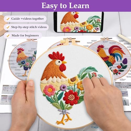 Uniartfy 3 Pack Funny Rooster and Flower Embroidery Kits for Beginners, Animal Cross Stitch Kit for Adults, DIY Needlepoint with Stamped Pattern, Embroidery Hoop, Tools, Colorful Threads, Instructions - Image 3
