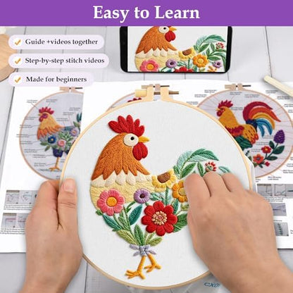 Uniartfy 3 Pack Funny Rooster and Flower Embroidery Kits for Beginners, Animal Cross Stitch Kit for Adults, DIY Needlepoint with Stamped Pattern, Embroidery Hoop, Tools, Colorful Threads, Instructions - Image 3