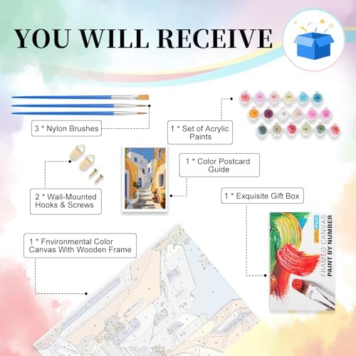 Camocin Framed Paint by Numbers Kit for Adults Beginner - Santorini Street Paint by Number Canvas with Frame, DIY Coastal Landscape Acrylic Painting Kit for Stress Relief Home Wall Decor 8x12 Inch - Image 5