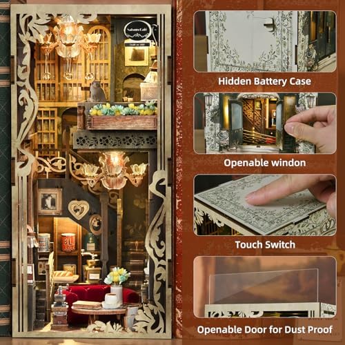 MiniCity Book Nook Kitwith Dust Cover and LED Light, 3D Wooden Puzzle Bookend Bookshelf Insert Decor for Teens and Adults (Saisons Café) - Image 5