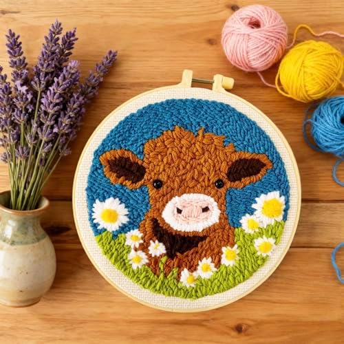 DIY Punch Needle Kits Highland Cow with Daisy Flower with Hoop 20x20cm-1 - Image 3