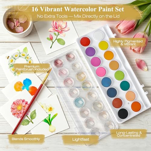 Creazic Watercolor Workbook for Beginners, Floral Water Coloring Book Kit & 16 Watercolor Paint, 300gsm No-Bleed Paper, Easy Step-by-Step Guide, Ideal Gift for Mindfulness & Painting Practice - Image 7