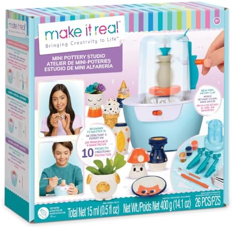 Make It Real Mini Pottery Studio - 26-Piece DIY Pottery Kit with Mess-Free Air Dry Clay - Create 10 Miniature Projects, Beginner to Master Levels - Innovative Centering Tool - Great for Kids Ages 8 by MakeItReal