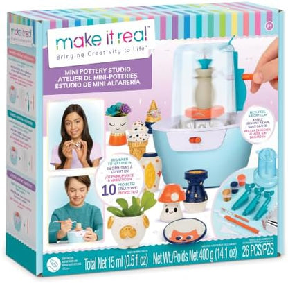 Make It Real Mini Pottery Studio - 26-Piece DIY Pottery Kit with Mess-Free Air Dry Clay - Create 10 Miniature Projects, Beginner to Master Levels - Innovative Centering Tool - Great for Kids Ages 8 by MakeItReal