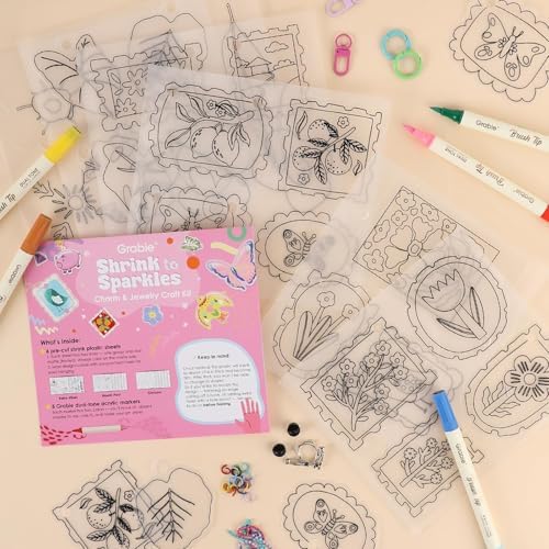 Grabie Shrink Art Craft Kit of 25+ Shapes, Markers & Charms, Bloom Post - Image 2