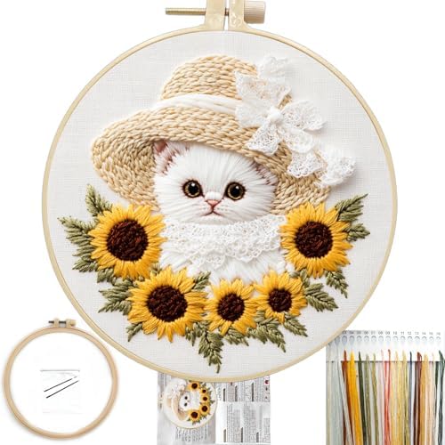 FONNUY White Kitten Embroidery Kit, Sunflowers Cat Lace Hat Cross Stitch Kits for Beginners, Handmade Crafts with Printed Patterns for Adults, Color Thread Needlework, 8'' Hoop (Cat 03) by FONNUY