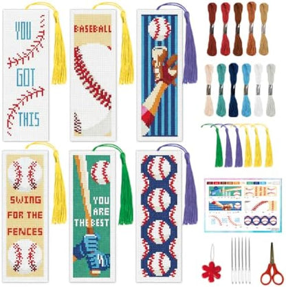 INFUNLY 6 Pcs Baseball Cross Stitch Bookmark Kit with Tassels, Stamped Pre-Printed Embroidery for Adult Beginners, Tools with Floss Scissors Needles Instructions, DIY Gift for Book Lovers by INFUNLY