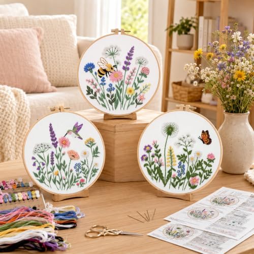 Nuberlic Embroidery Kit for Beginners, 3 Pack Floral Stamped Embroidery Starter Kit with Hoop, Pre Printed Flower Patterns, Threads, Needles and Step by Step Instructions, DIY Needlework Gift - Image 2