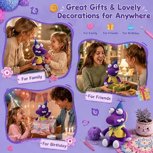 Knitting & Crochet Kit for Beginners - Easy Learn to Crochet Animal Kit, Knitting Crocodile Amigurumi Starter Kit with Step-by-Step Instructions Manual Holiday Birthday Crochet Gifts(Purple, 2 Pack) - Image 7