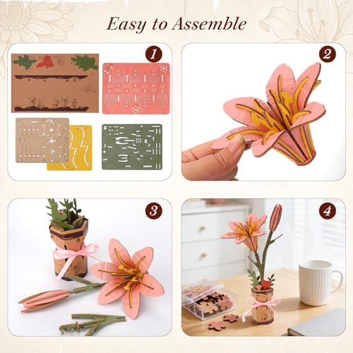 BUSOHA 3D Wooden Flower Puzzle for Adults - Lily DIY Craft Kit - Image 3