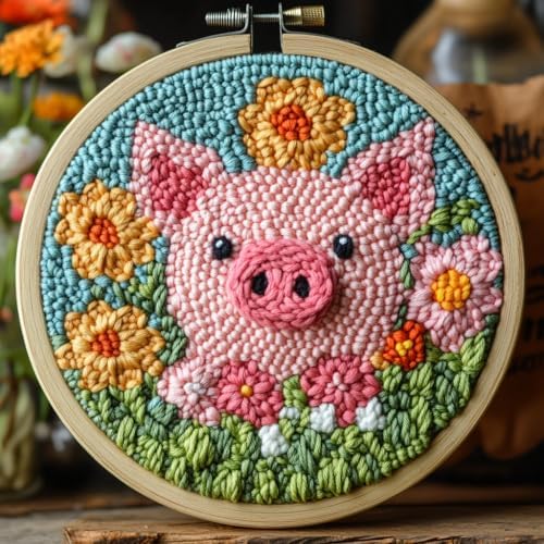 Punch Needle Kits for Beginners Cute Pig in Flowers 20x20cm-6 by Unknown