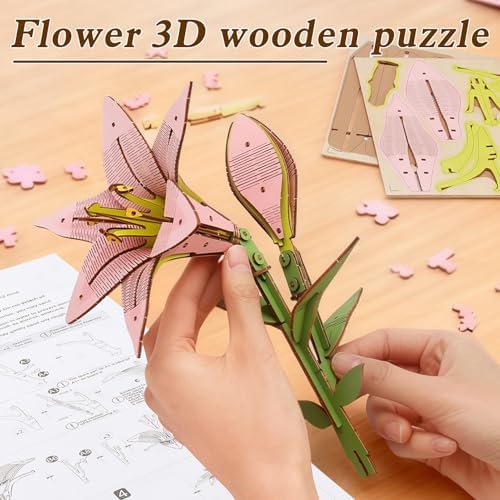 3D Wooden Pink Lily Flower Puzzle,DIY Artifical Flower Building Set Craft Kit,Home Decor,Housewarming,Mother's Day/Birthday/Christmas Day Gift for Mom and Women - Image 4
