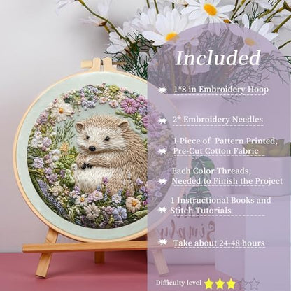 FONNUY Embroidery Kit for Beginners, Cute Hedgehog Stamped Embroidery Patterns Kits for Adults with Hoop, Easy to Follow Sewing Thread Needlework, 8'' Hoop (Adorably Spiky) - Image 2