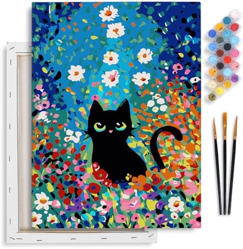 Fountor 12” W x 16”L Framed Paint by Numbers Kit for Adults Beginner, Black Cat Adult Paint by Number Kits on Canvas, Cat Flowers Acrylic Painting by Numbers for Home Decor Gift by Fountor