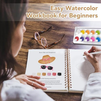 Easy Watercolor Workbook for Beginners - 12 Beautiful Step-by-Step Paintings Water Coloring Book, Includes 16 Colors Paints, Relaxing Art Projects and Creative Gift for Adults & Teen (Travel) - Image 2