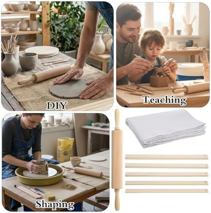 12 Pcs Pottery Tools Set – Wood Rolling Pin, 5-Size Rolling Guides & Linen Tablecloth for Clay Sculpting & Ceramic Projects - Image 6