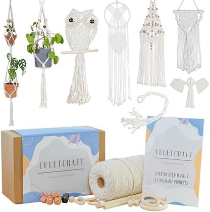 CULETCRAFT Macrame Kit for Beginners 153pc, 15 Projects Book, 164yd Cotton Macrame Cord, Wooden Beads & Sticks, Wooden & Metal Rings, Gift Box, Book & Accessories, Perfect Macrame Starter Kit by CULETCRAFT